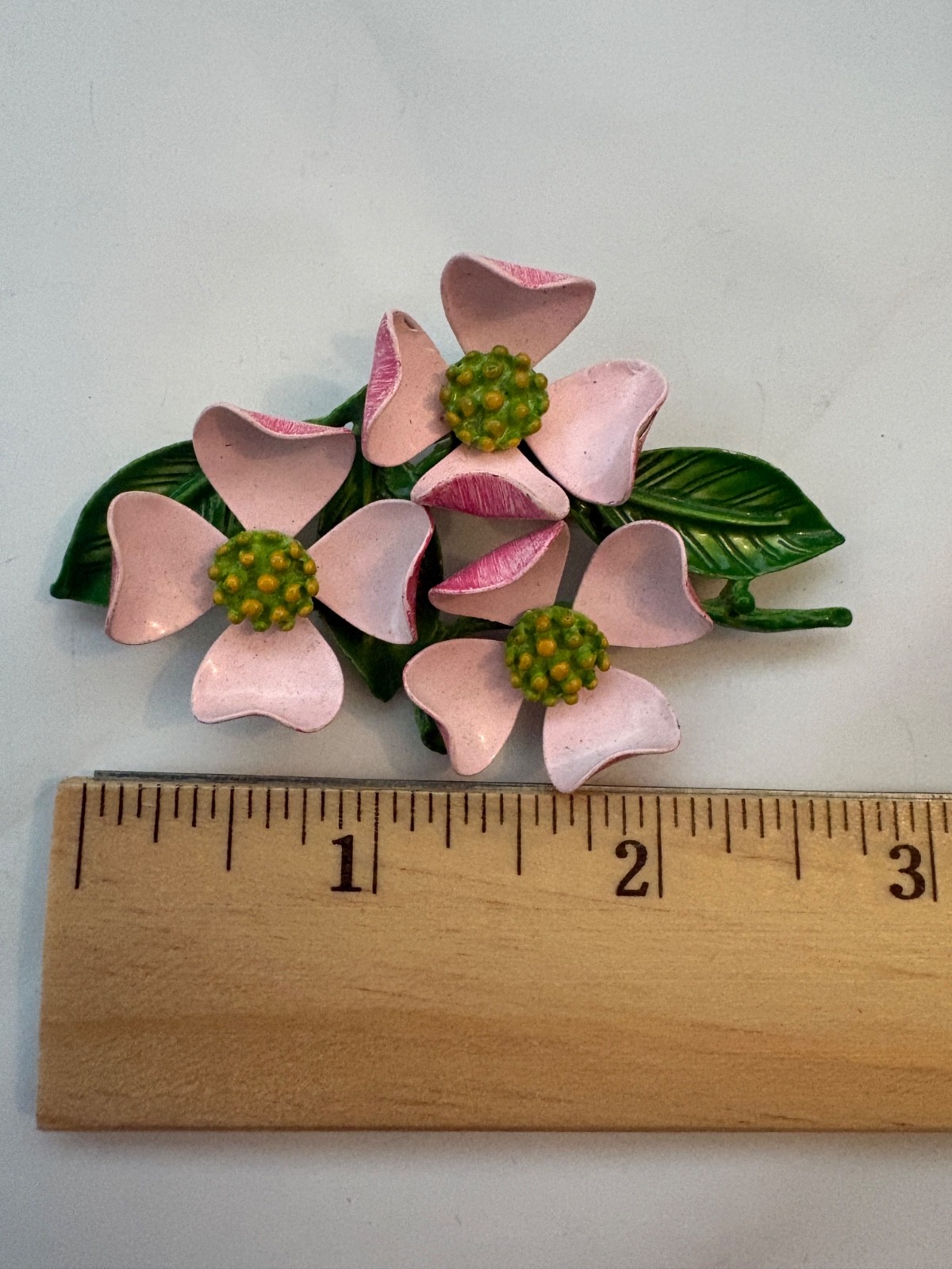 Vintage Pink and Green Enamel Dogwood Flower Brooch