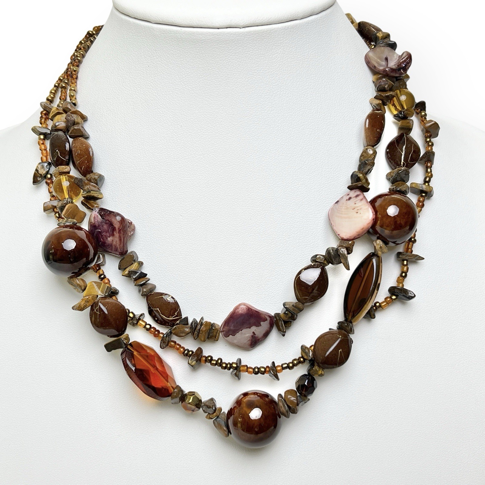 Multi Strand Beaded Necklace Earthy Natural Shell Glass Statement Boho Chic Vtg