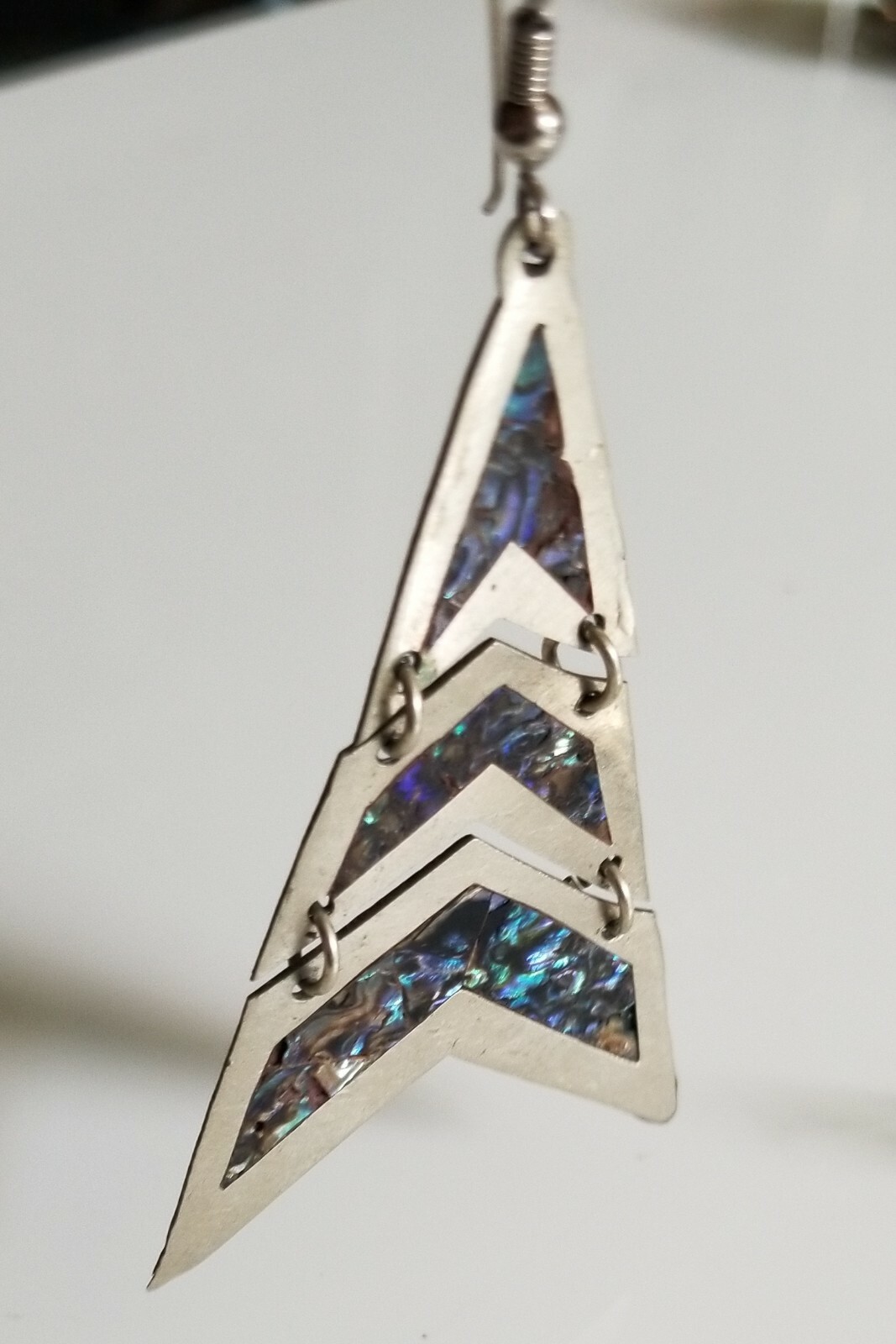 Vintage 80’s New Mexico 3 tiered triangular Silver Earrings Paua Abalone Shell 
