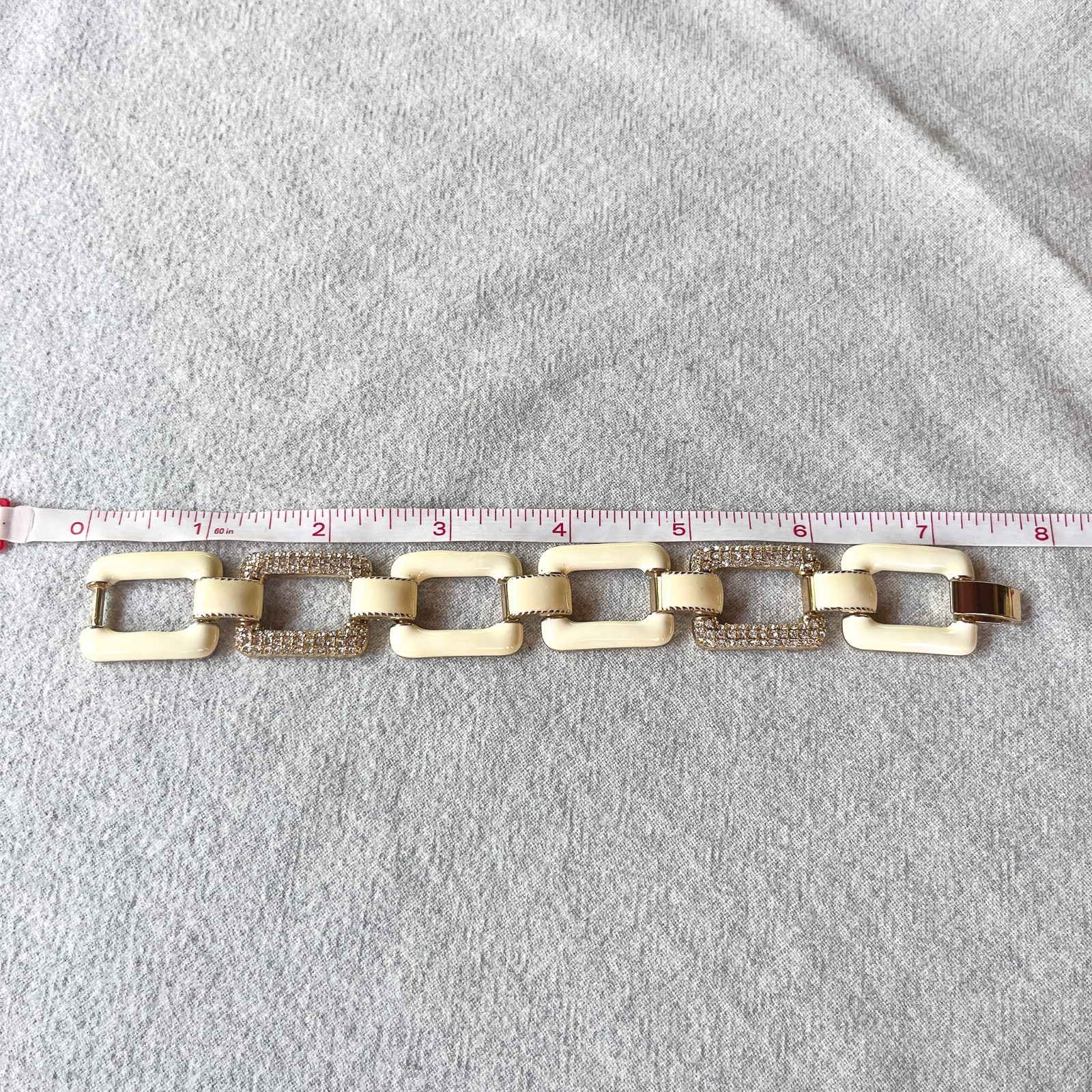 Vintage Ivory Enamel Gold Tone Link Bracelet Rhinestone Statement Chunky Deco