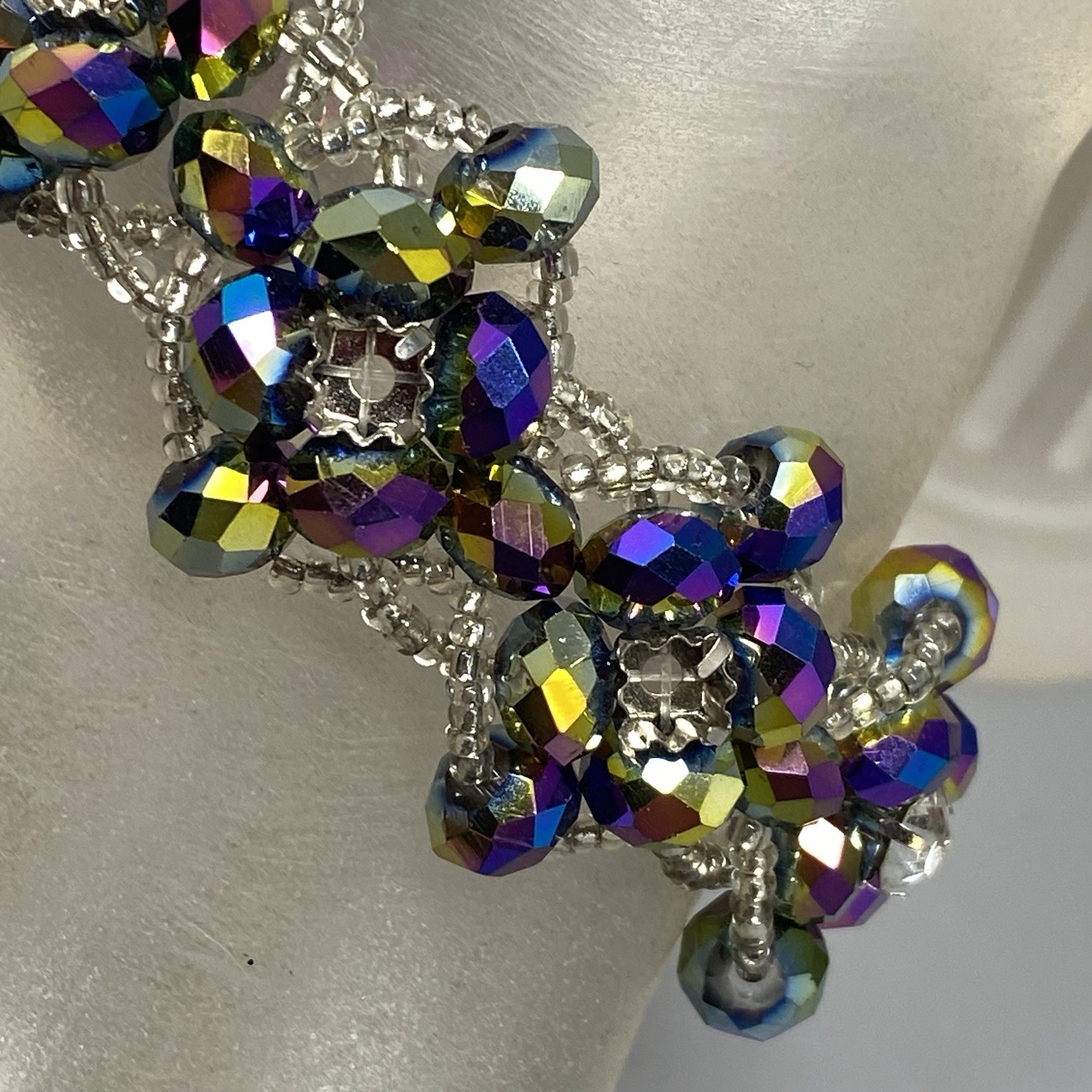 Glass Bead Bracelet Purple Metallic Oil Slick Peacock Coated Chunky Repair 6.5″