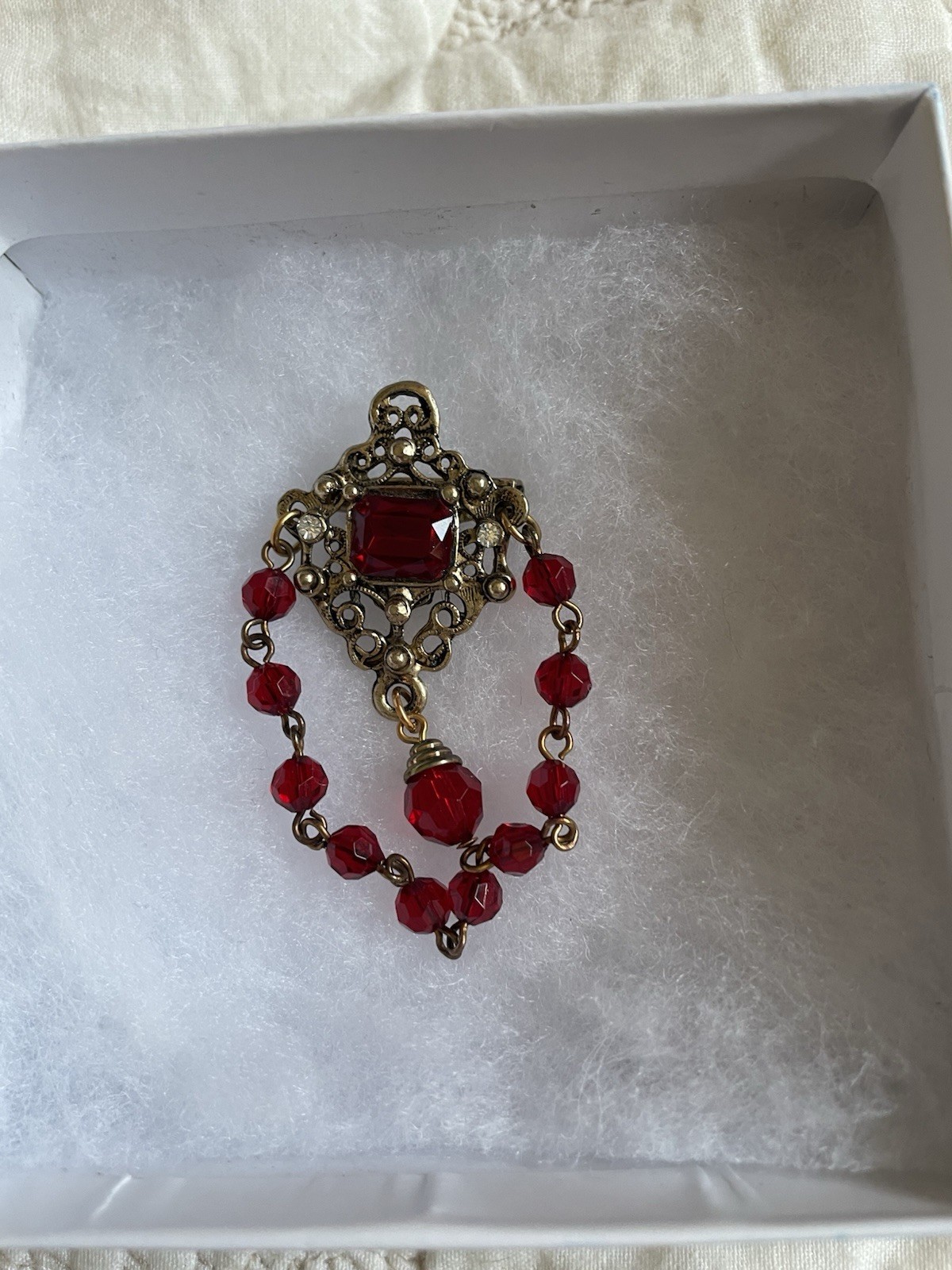 Gold Tone Vintage Broach Pin With Red Beads