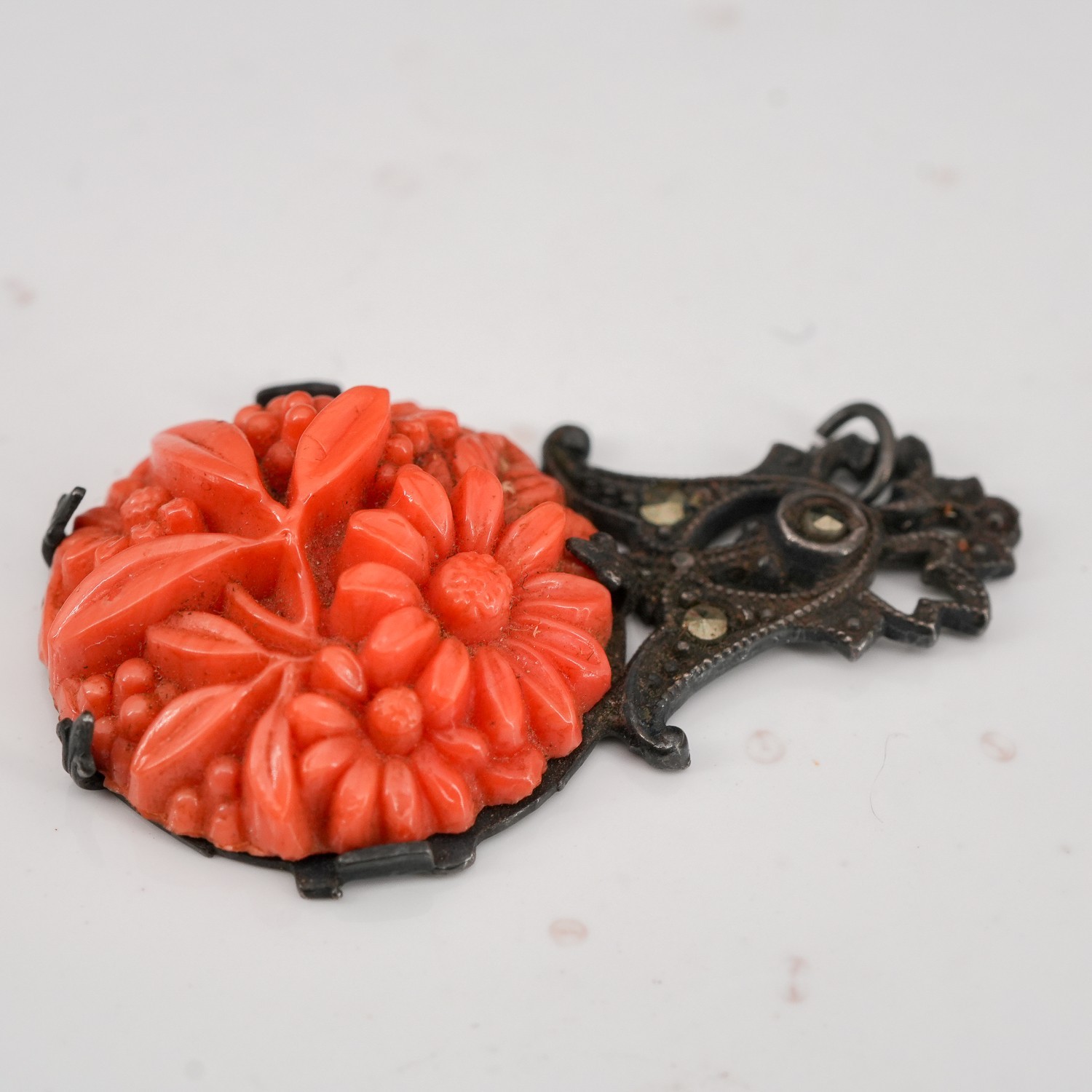 3.9g Czech Art Deco Coral Glass Floral Marcasite 925 Sterling Pendant 1.25in