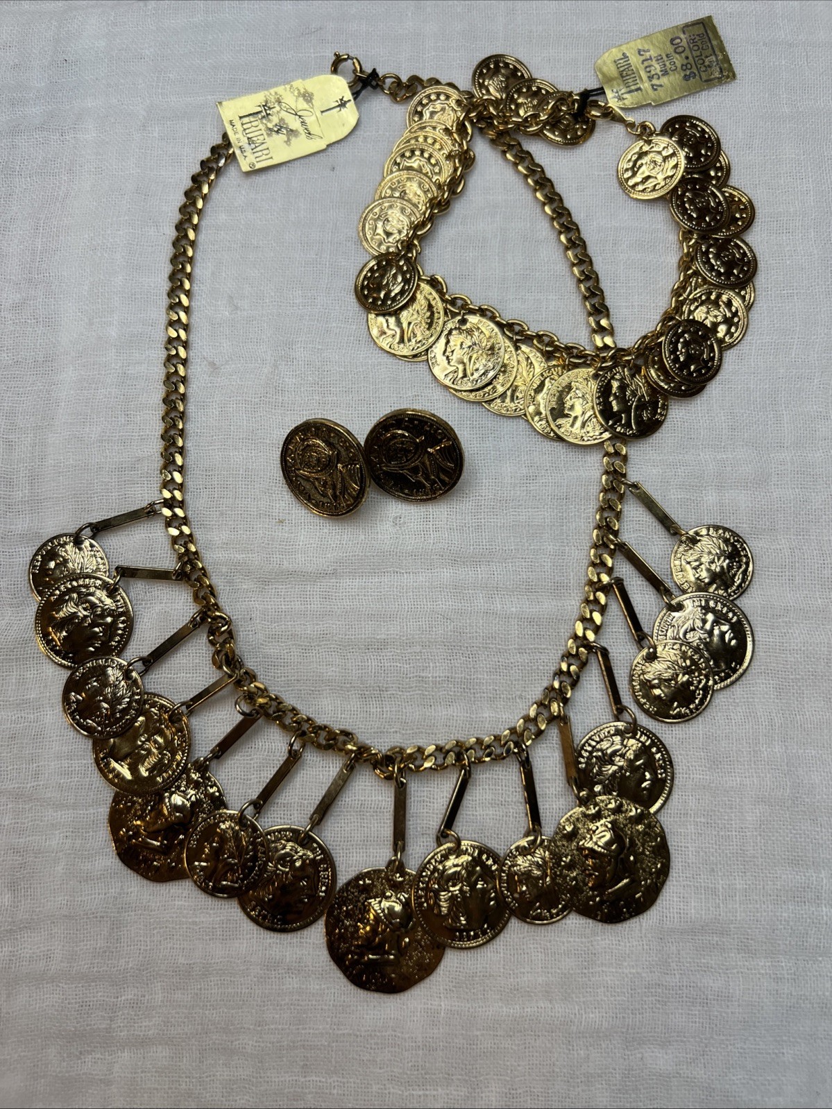 VTG Crown Trifari Jewels Antique Gold Roman Coin Demi Parure Set NOS 1978-85