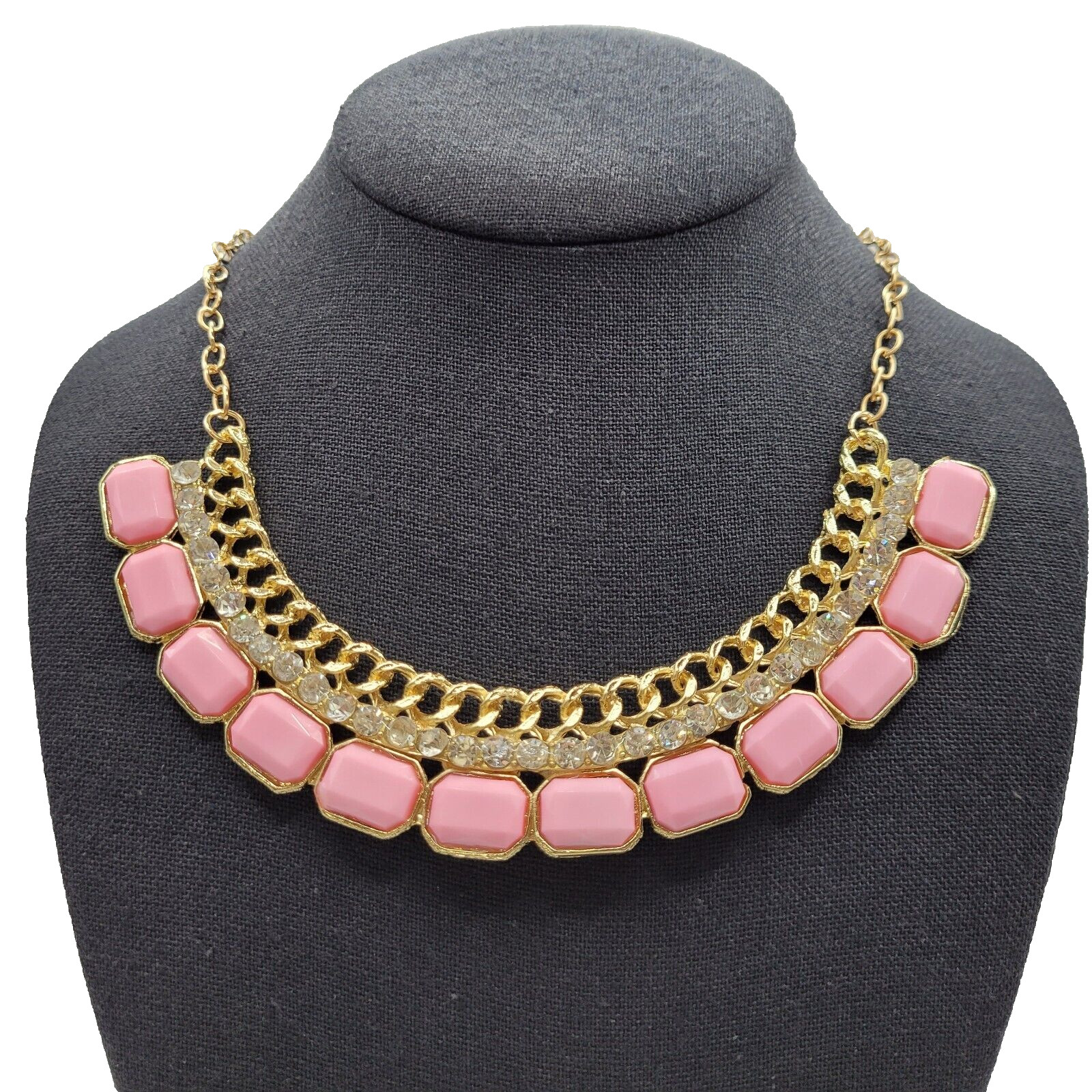 Fancy Rhinestone & Pink Acrylic with Milkglass Style Vintage Gold Tone Necklace