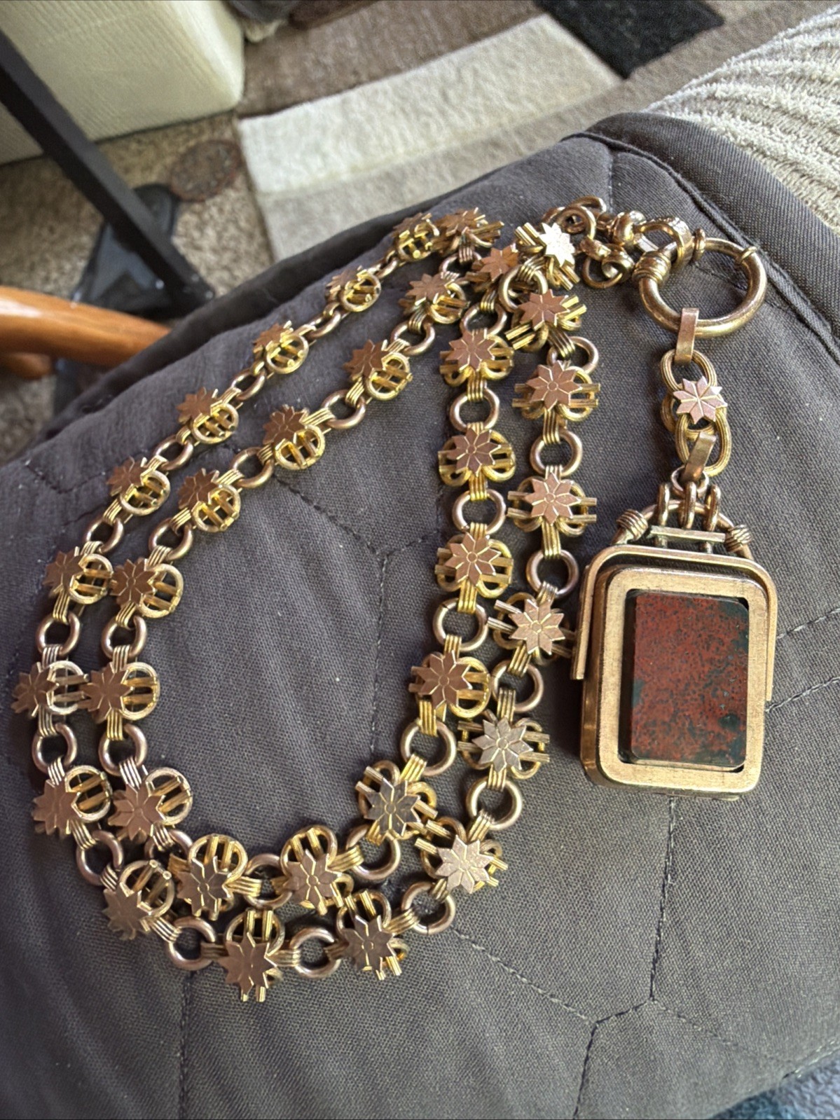 Victorian Lovely 59g Gold Fill Book Link Necklace GF Agate Bloodstone Locket Fob