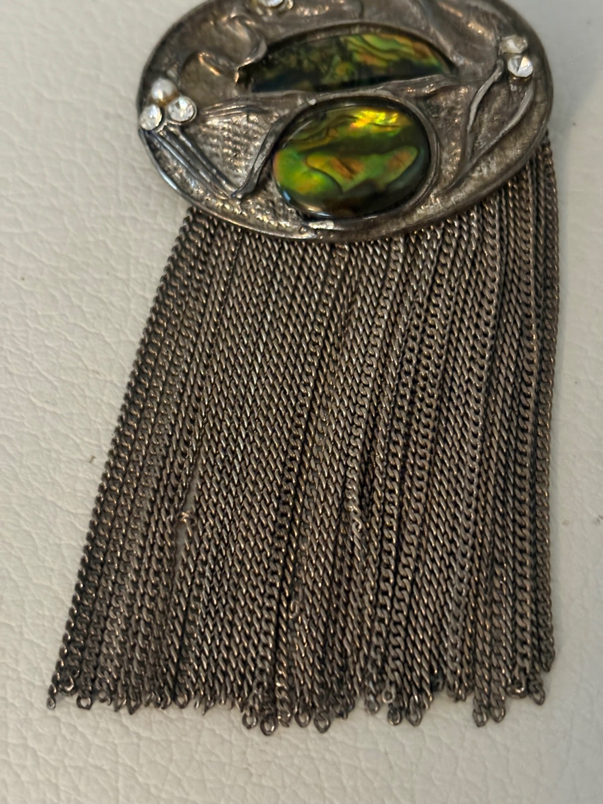 Vintage Unsigned Abalone SilverTone Fringe Chain Brutalist Statement Brooch