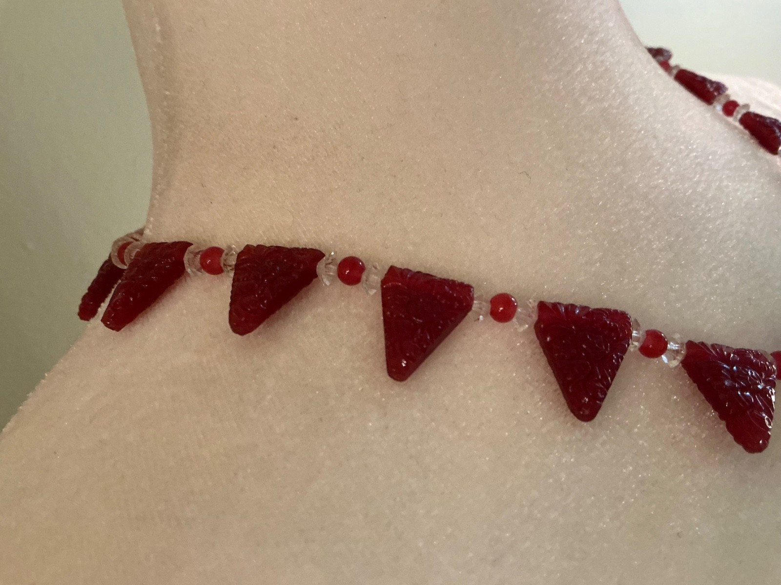 Art Deco Red Carved Triangles Crystal Accent Necklace 18″