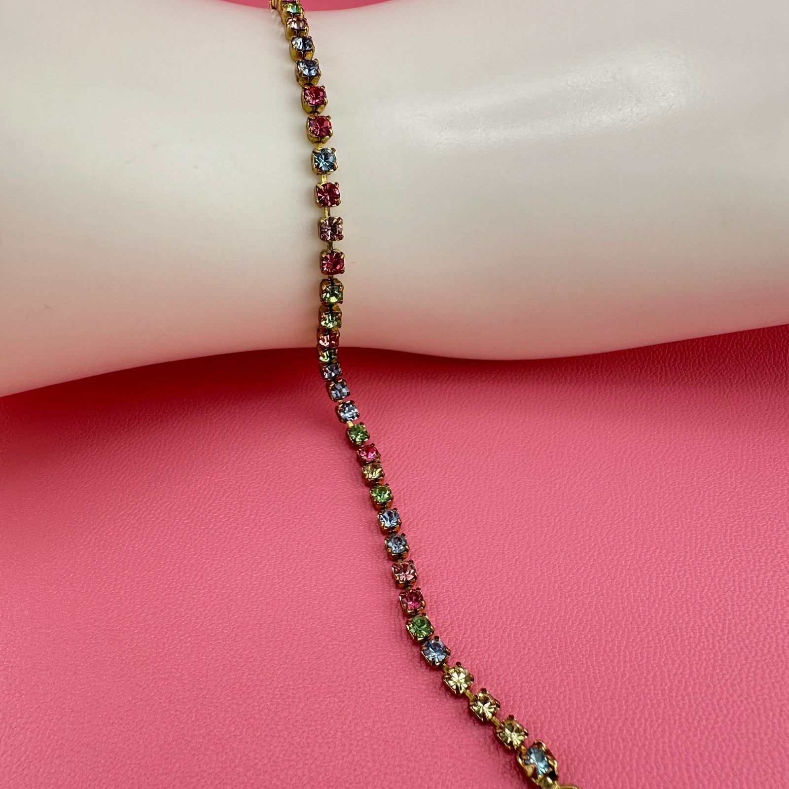 Vintage Rhinestone Bracelet Pastel Multi Color Gold Tone Tennis Cup Chain 6.75″