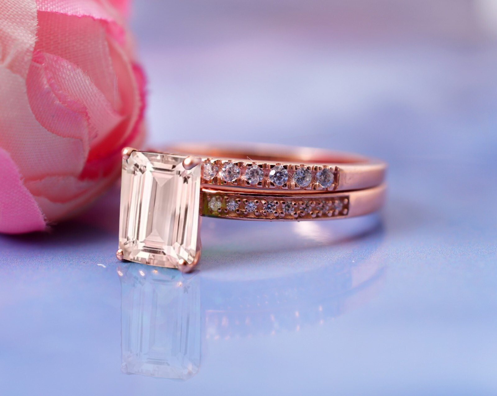 Emerald Cut Morganite Ring Set Engagement Rings Moissanite Cluster Wedding Rings