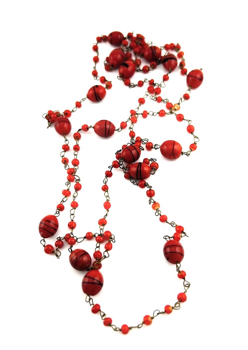 Vtg Red Venetian Style Glass Bead Necklace Black Swirl Accent Flapper 50″ Long
