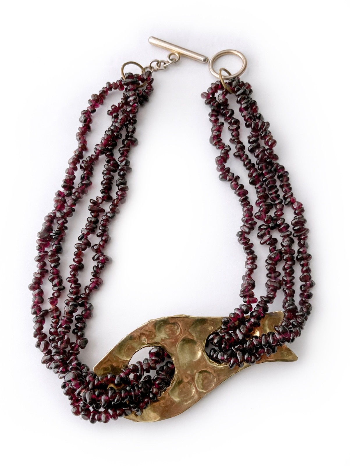 One-of-a-kind Natural Garnet Bead Necklace with Hammered Brass Fish Accent