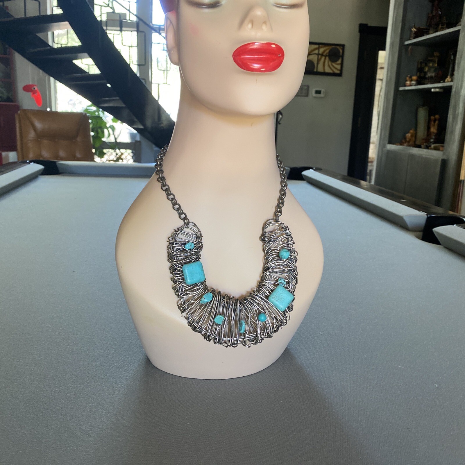 Stone Beads Wire Choker Necklace OOAK Brutalist LARP Cosplay Costume Jewelry 25”