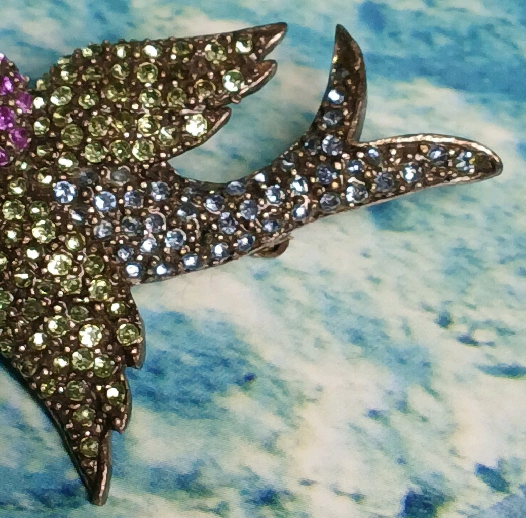 Vintage Silver Tone Sparrow Brooch Adorned w/Green Purple and Blue Rhinestones