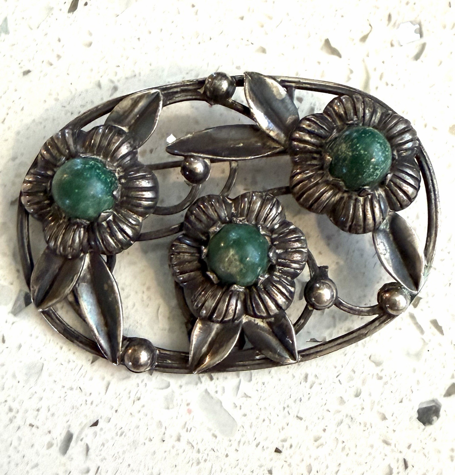 Vtg TAXCO 980 98% Sterling Silver MEXICO Chrysoprase Brooch Pin 1930-1940s RARE!