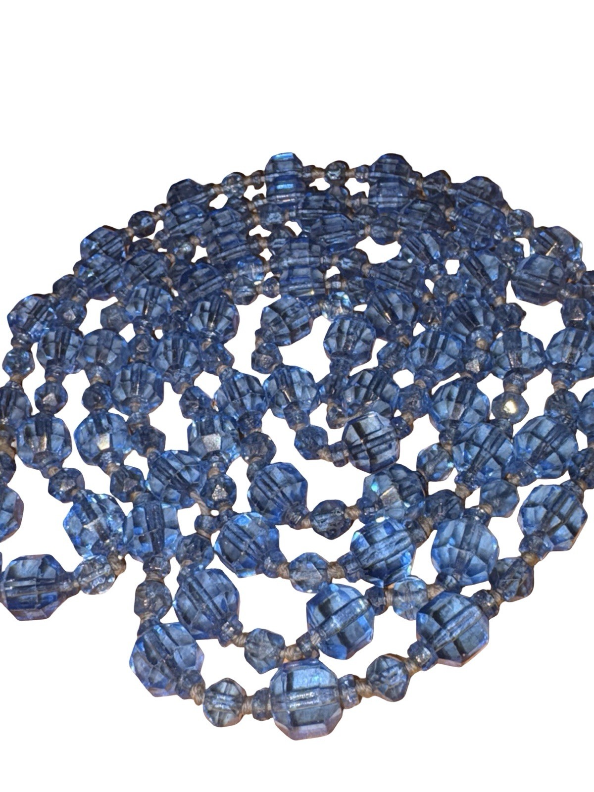 Antique 1920s Flapper Czech Glass Long Necklace Ceylon Sapphire Blue Beads 64”
