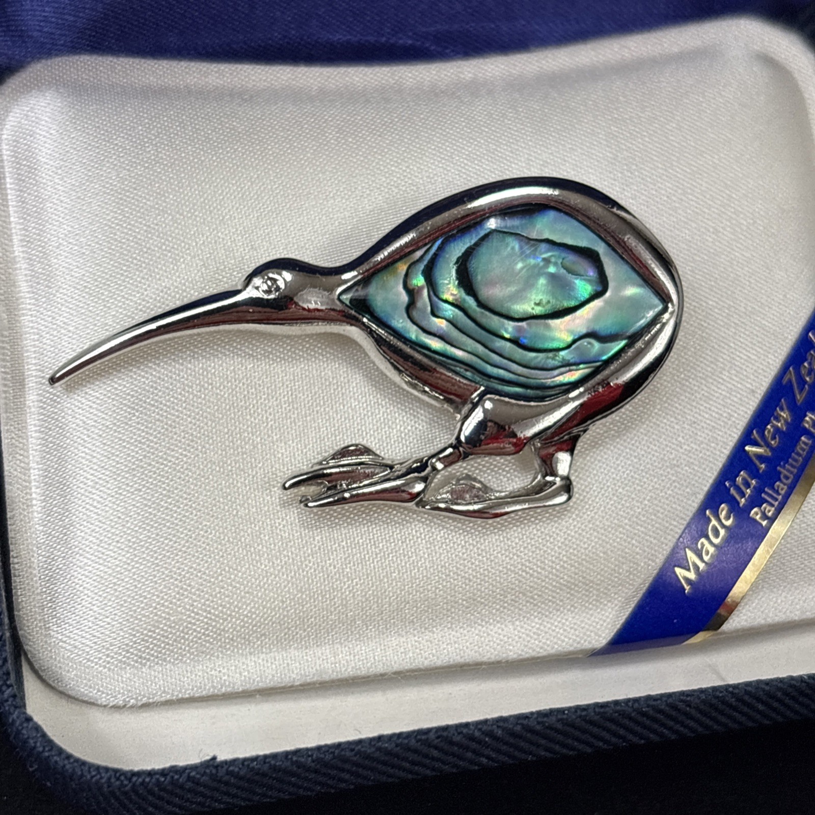 Ariki Paua Shell Inlay Silver Palladium Plate Blue Abalone Kiwi Bird Brooch Pin