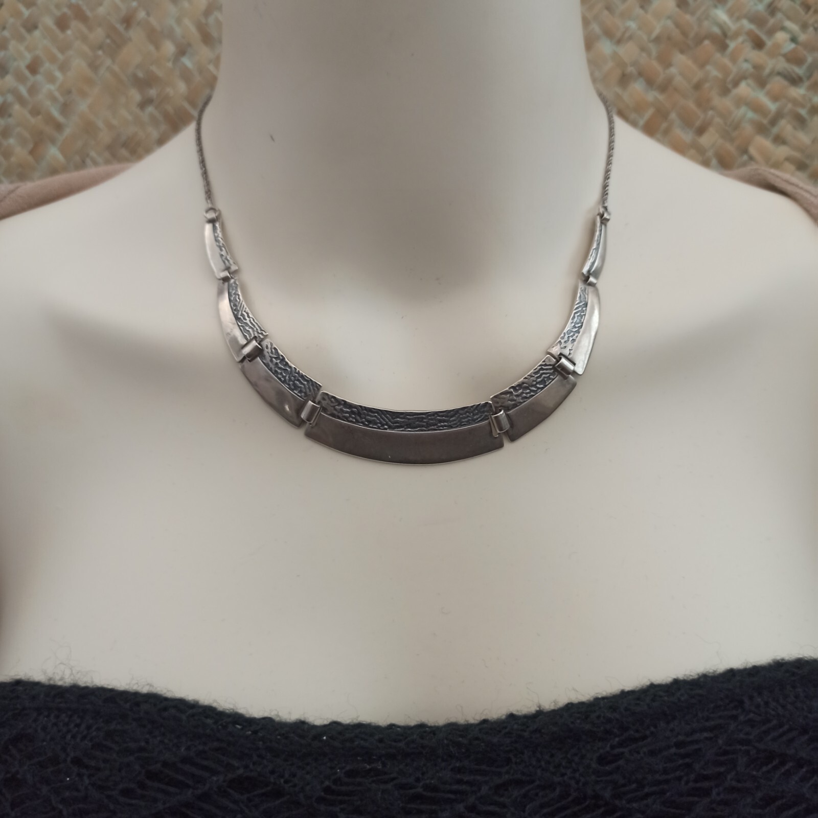 VTG Silver Artisan Necklace Modernist Articulated Links Textured Bib 90s Gift