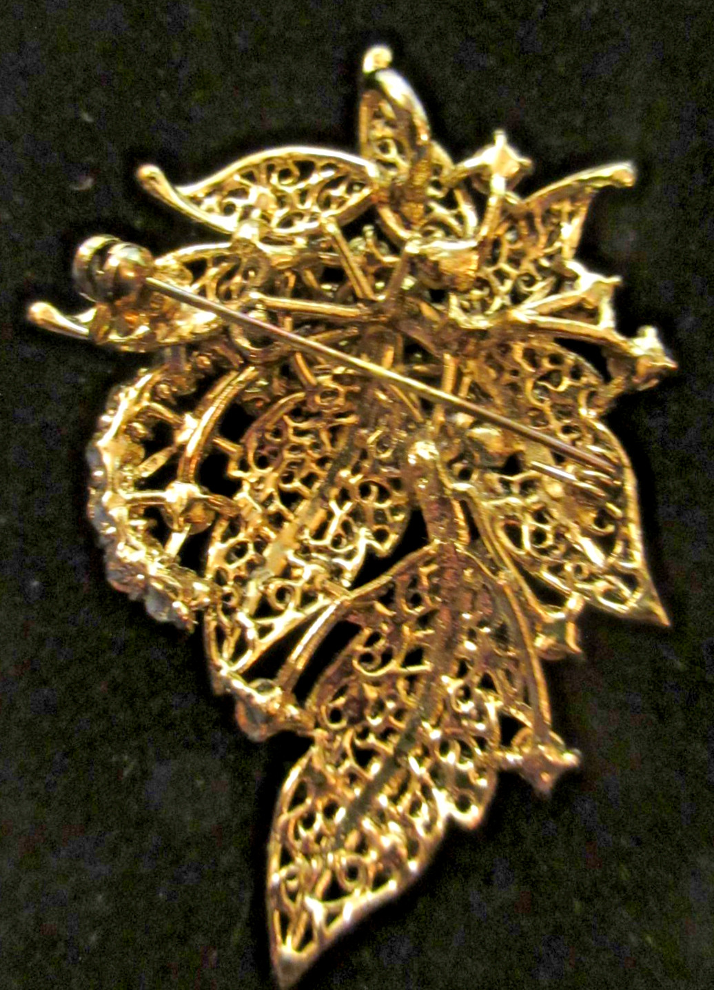 Vtg Gold Tone Cannetille Amber Orange Cream Rhinestone Brooch Pin Pendant
