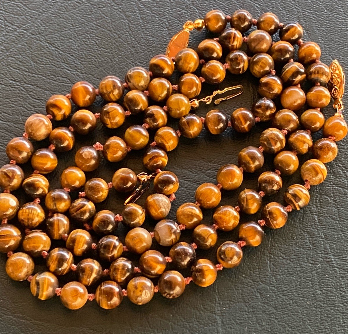 Vintage Tiger Eye Bead 2 Necklaces – 17” & 18” Knotted Stone Gold Tone Clasp