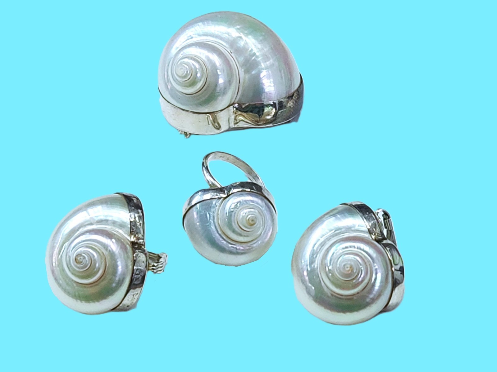 Vtg Betsy Fuller Sterling Silver Seashell Parure Set – Earrings, Brooch and Ring