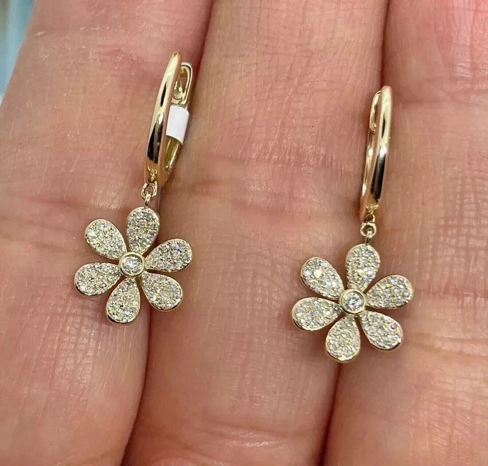 Art Deco Lab-Created Diamond Flower Wedding Gift Yellow Gold Earring 14K Finish