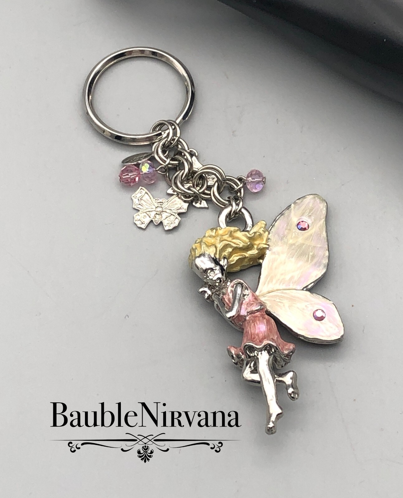 Vintage Kirks Folly Silver Plated Enamel Butterfly Fairy & Charms Key Ring Chain