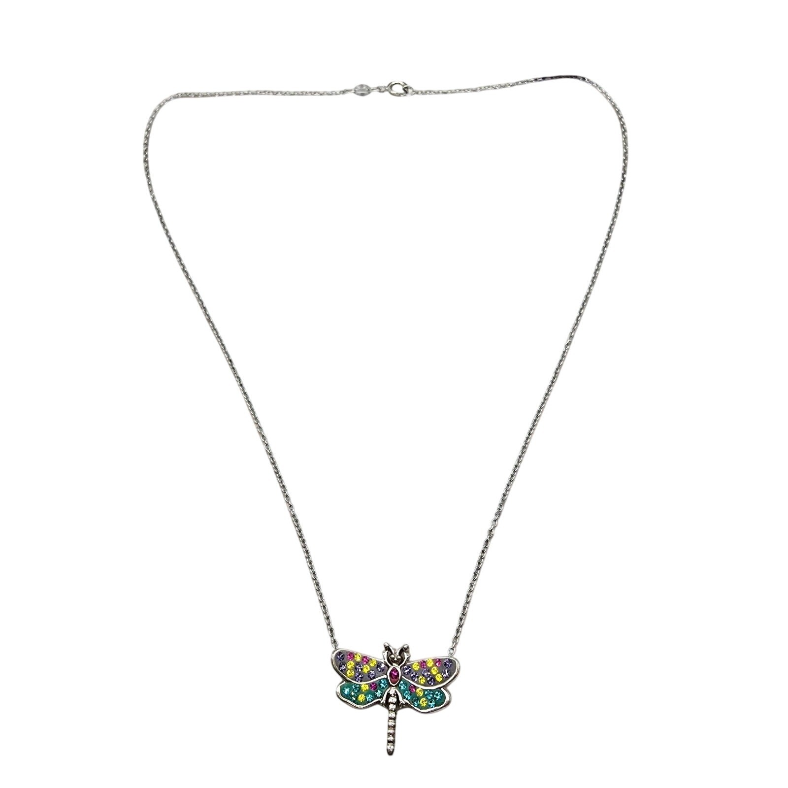Necklace Small Dragonfly Pendant Multicolor Rhinestones Silver Tone 16″ SKU 2241