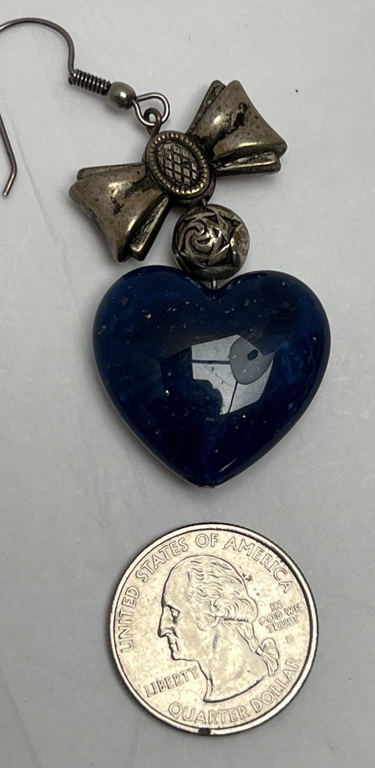 Vintage Blue Dyed Agate Puff Heart Dangle Pierced Earrings 2.5” Silver Tone Bow