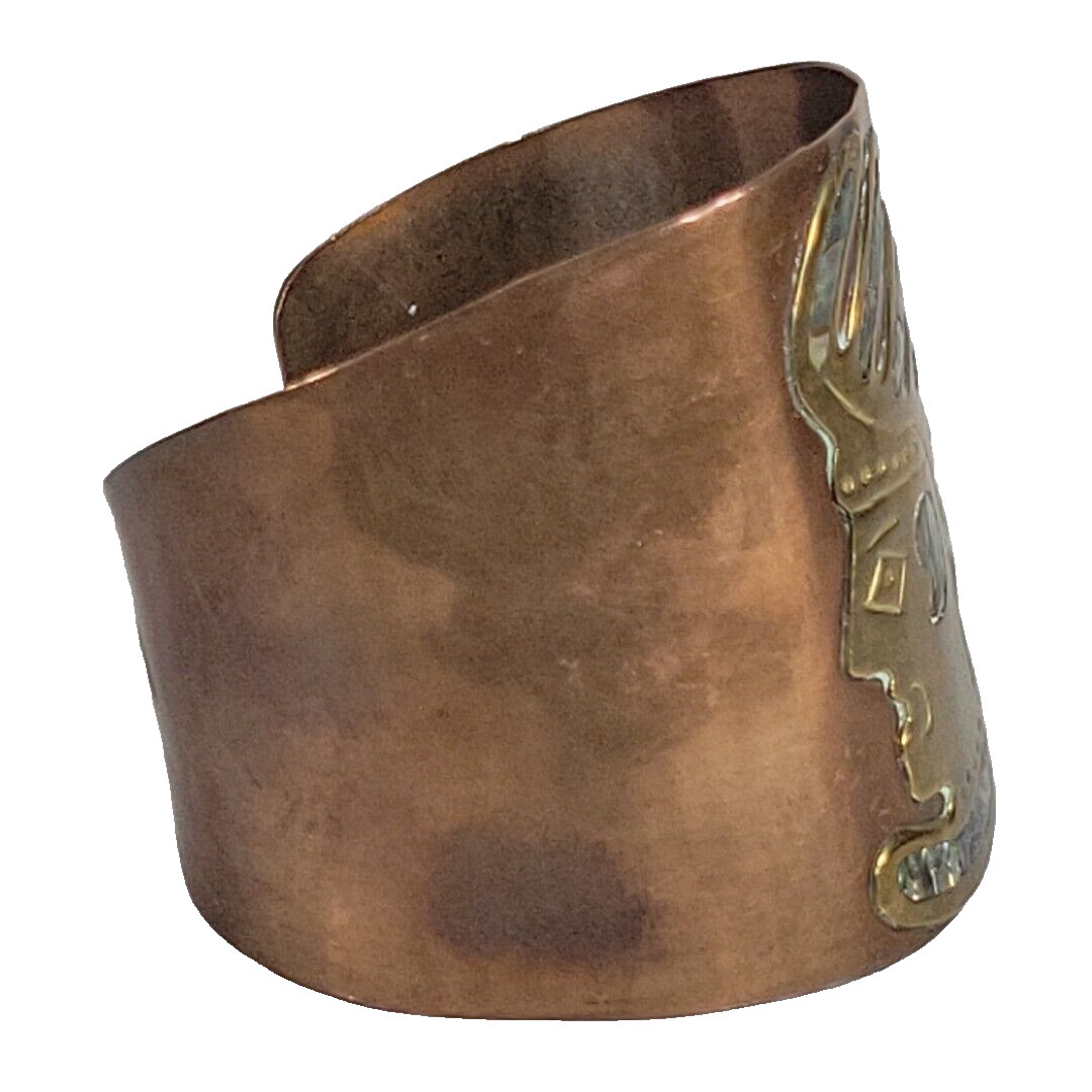 Vintage Copper Brass & Abalone Inlay Cuff Bracelet Boho Bohemian Folk Art Mexico