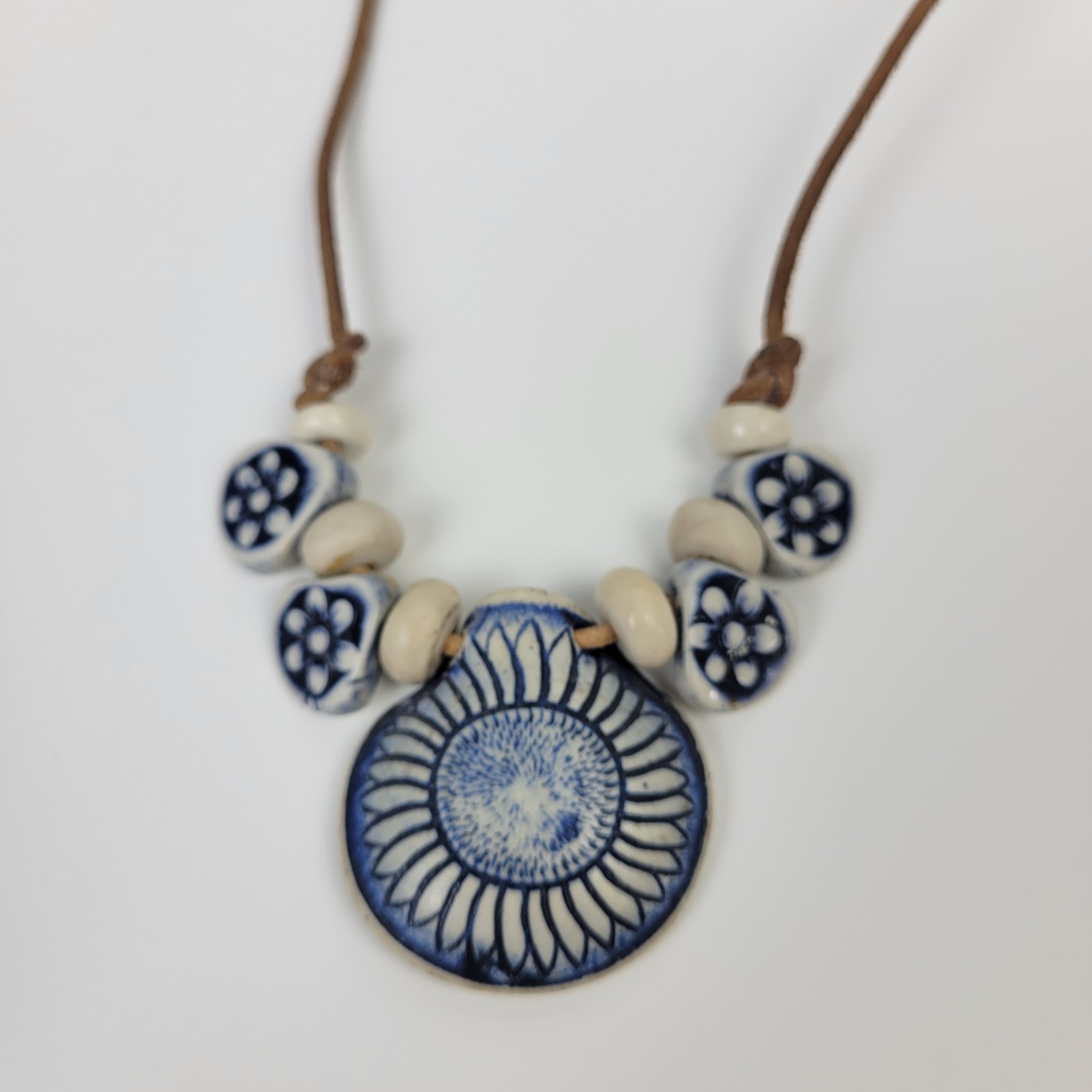 Vtg Artisan Bohemian Pottery Pendant~Choker Necklace Leather Cord Blue White