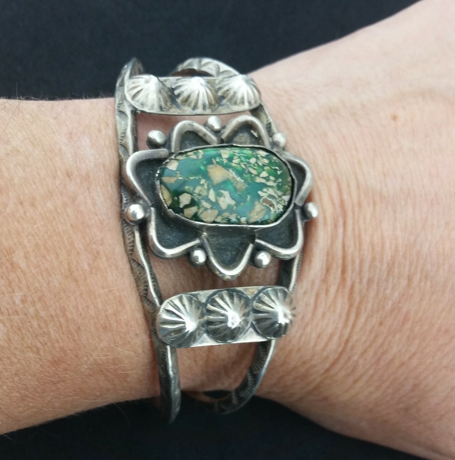 Vtg Damele Turquoise Sterling Silver Cuff Concho Bracelet Circa 1920s Sand Cast