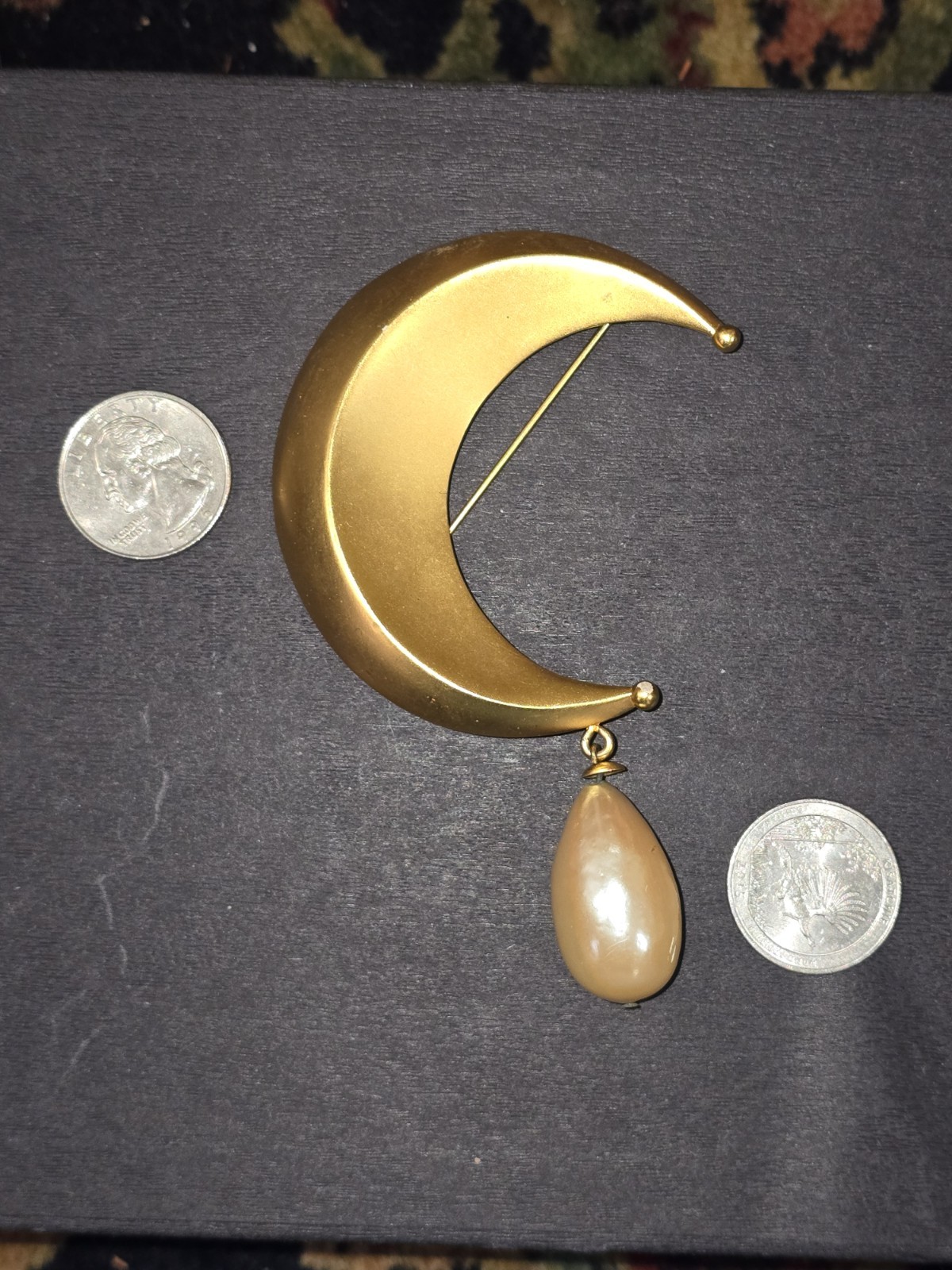 KARL LAGERFELD Brooch Pin Crescent Moon Drop Pearl Matte Finish Gold Tone