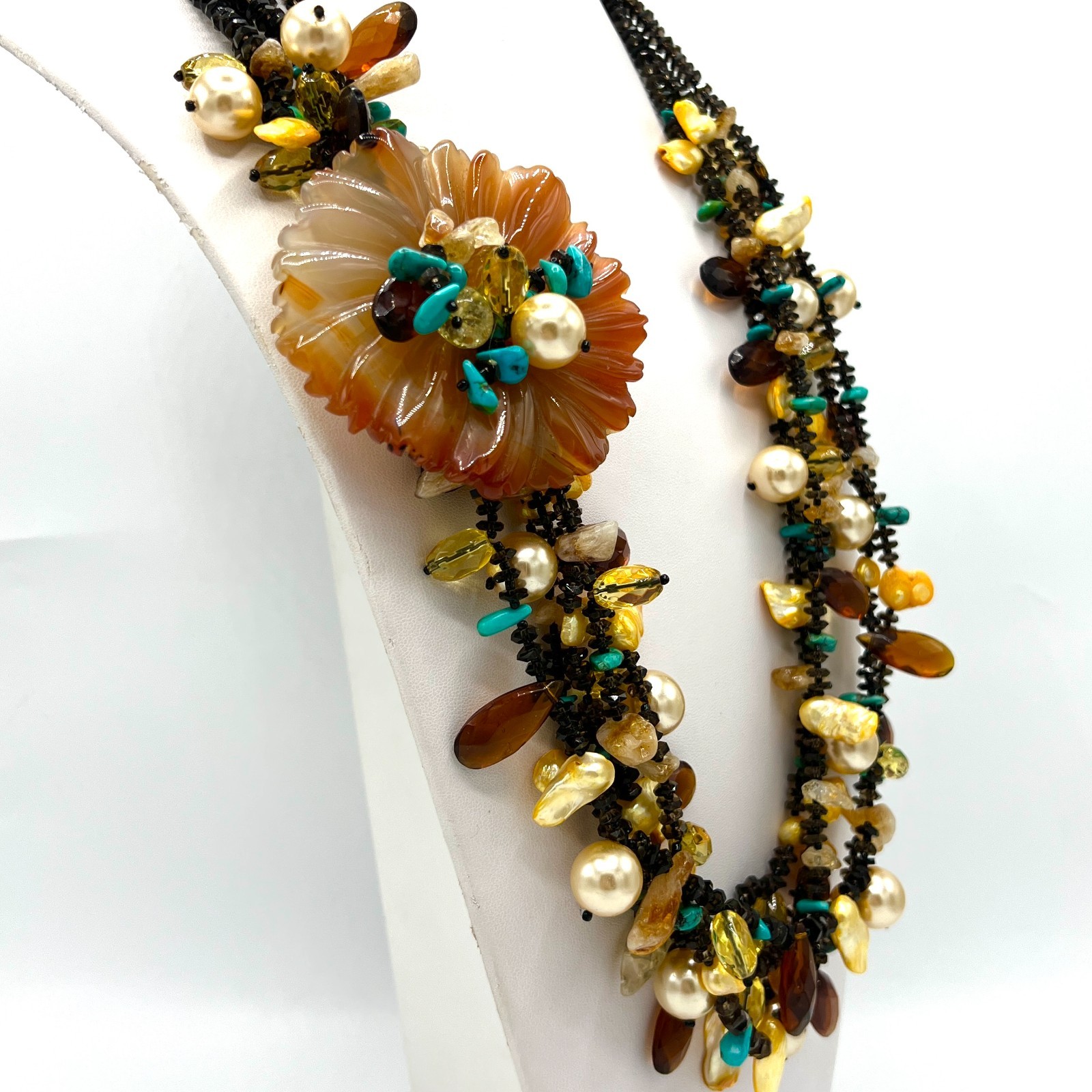 Vintage Artisan Multi Strand Necklace Carved Carnelian Flower Freshwater Pearls