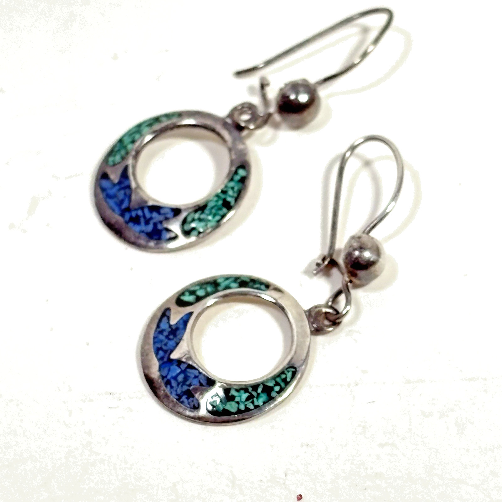 VTG Mexico Silver Turquoise Lapis Chip Inlay Earrings Dangle Circle Hook 5/8″