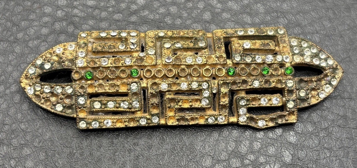 APEX Art Deco Rhinestone Gold Tone Pot Metal Dress Clip Brooch Vintage READ