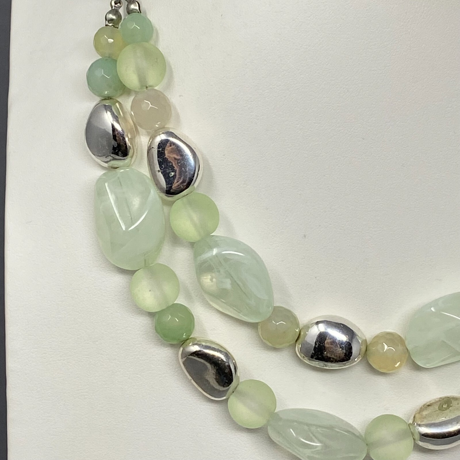 Multi Strand Necklace Green Gemstone Glass Acrylic Beads Frost Swirl Silver Tone