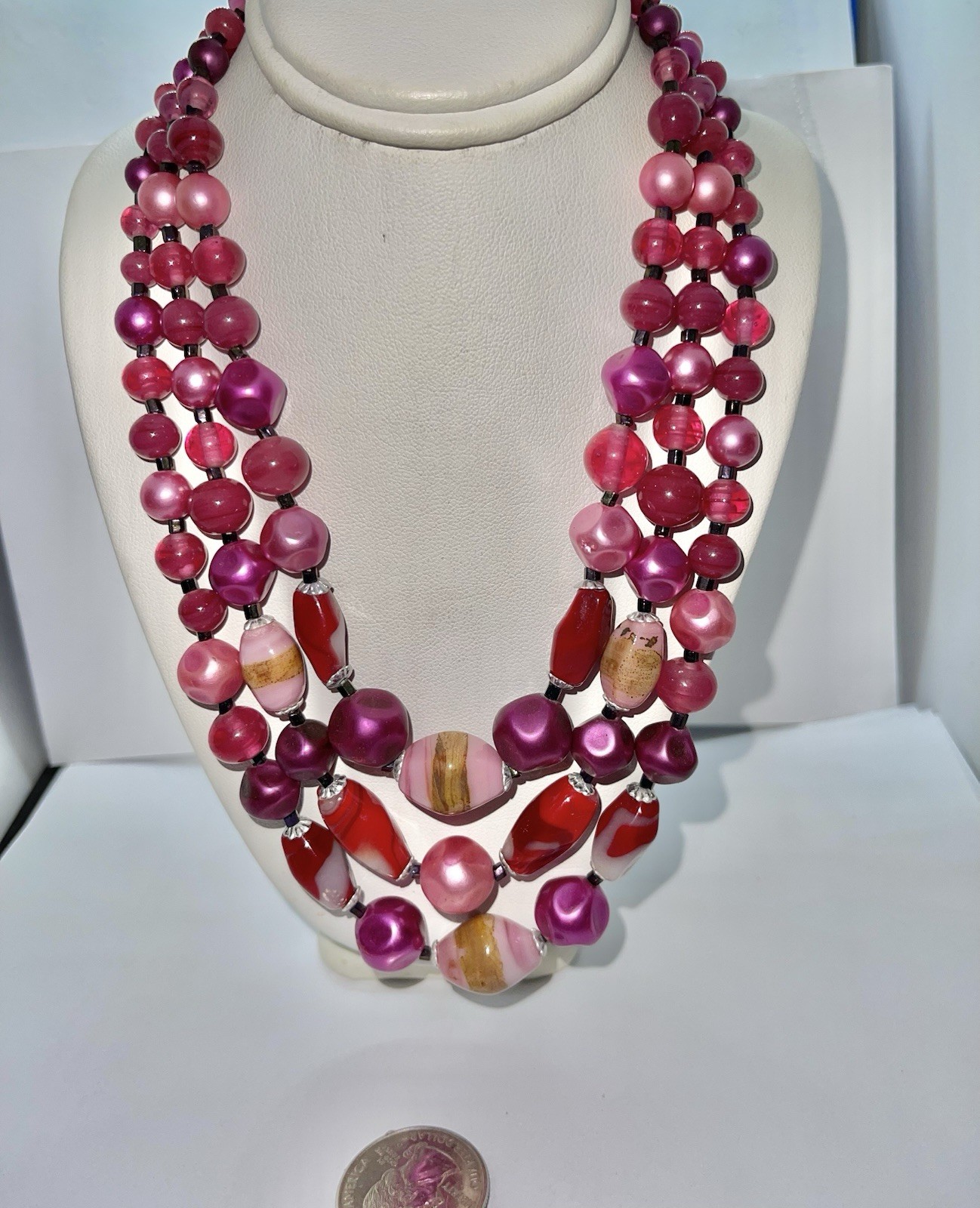 Vintage 3 Strands Art Glass & Lucite Beads Pink Red Brown Purple Silvertone 15”