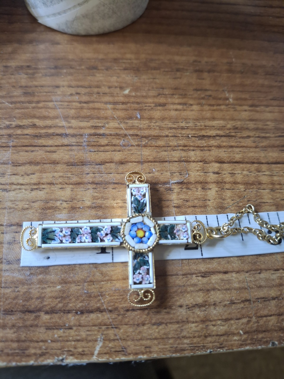 Vintage Italian Signed Micro Mosaic Gold-Plated Filigree Cross Pendant Necklace