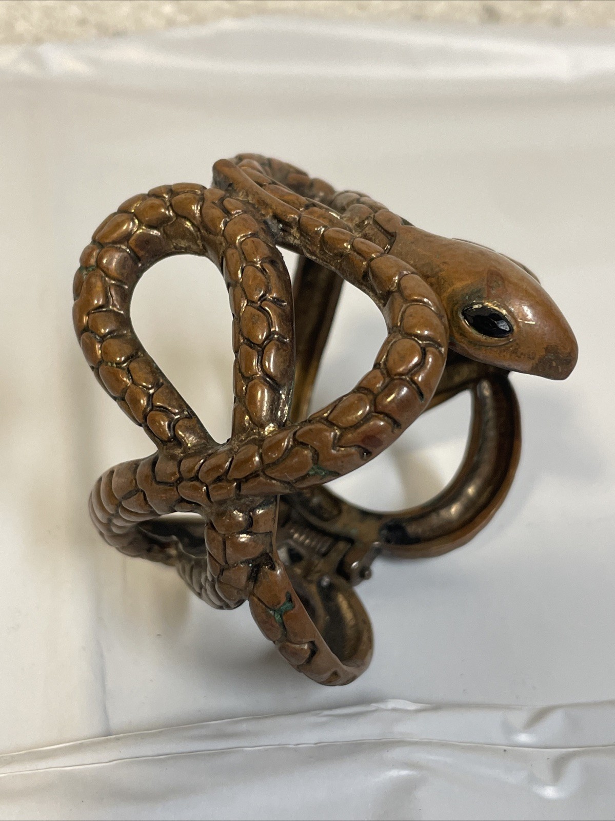 1970 – 1980 Copper Coiled Snake Biker Goth Western Hinged Bracelet Vtg Gem Eyes