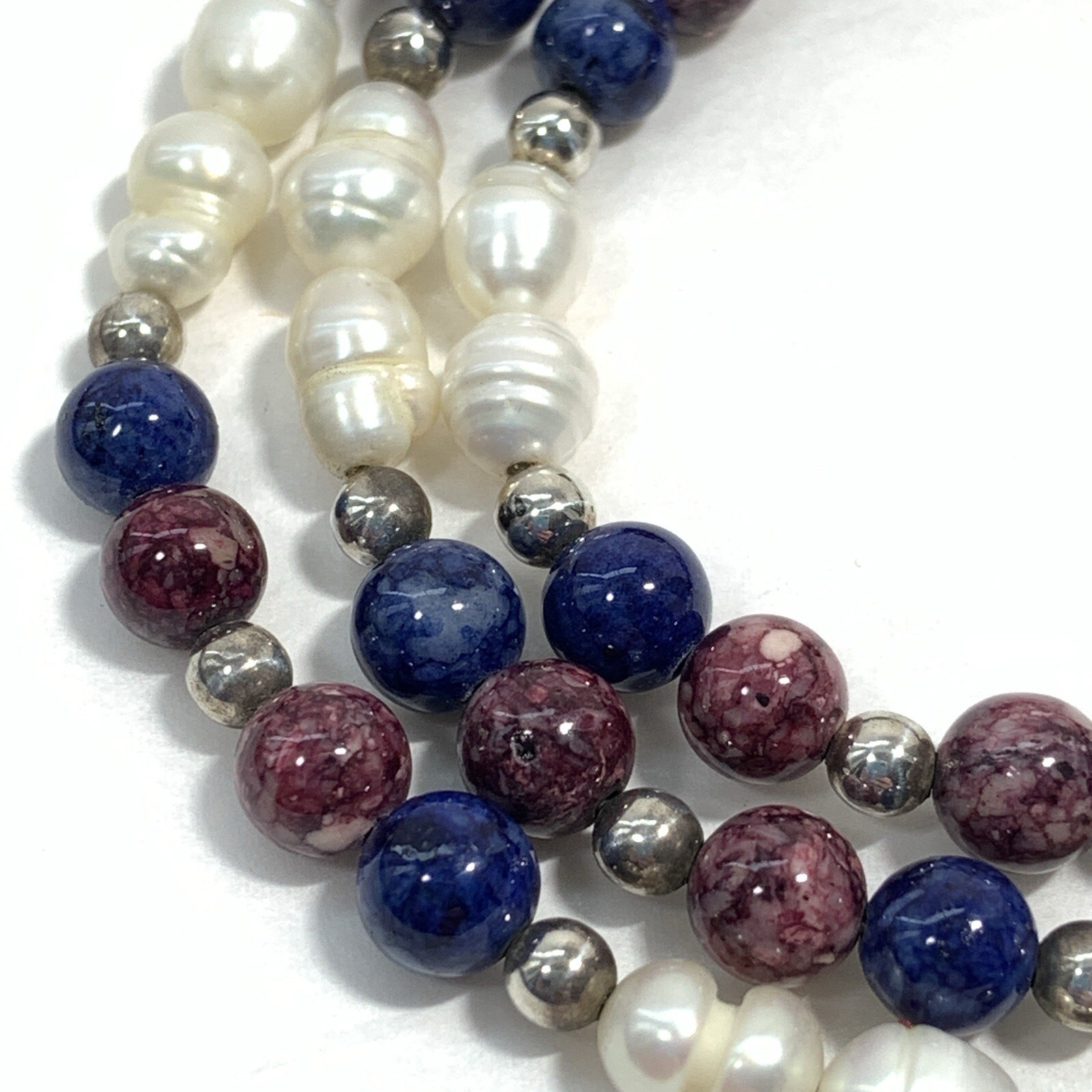 Vintage 925 Sterling Silver Freshwater Pearl Stone Bead Necklace Purple Blue 20″