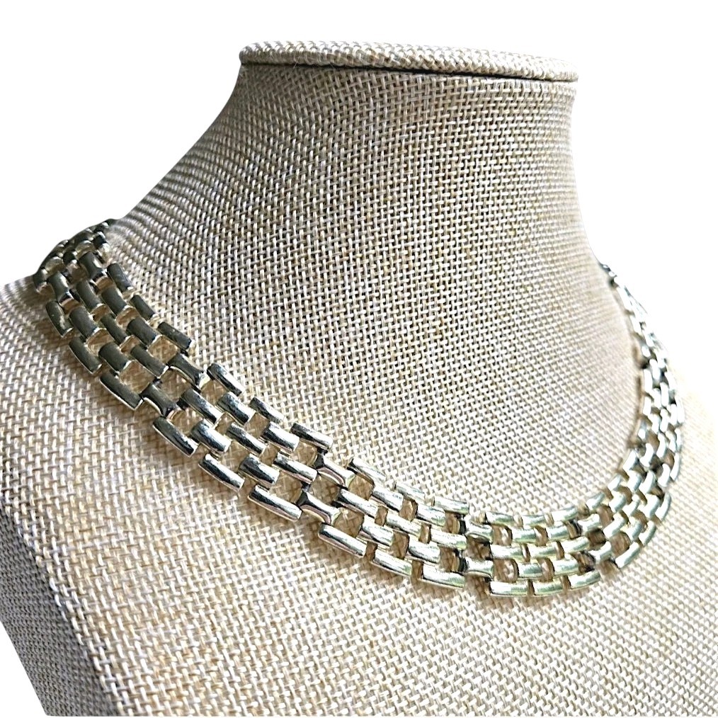 Vtg Five Row Panther Link Champagne Gold Tone Articulated Chain Necklace 18″