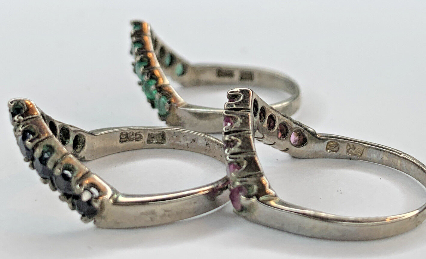 VTG Nikolas Sterling 925 Emerald Ruby Sapphire Chevron V Stackable Rings SZ 6