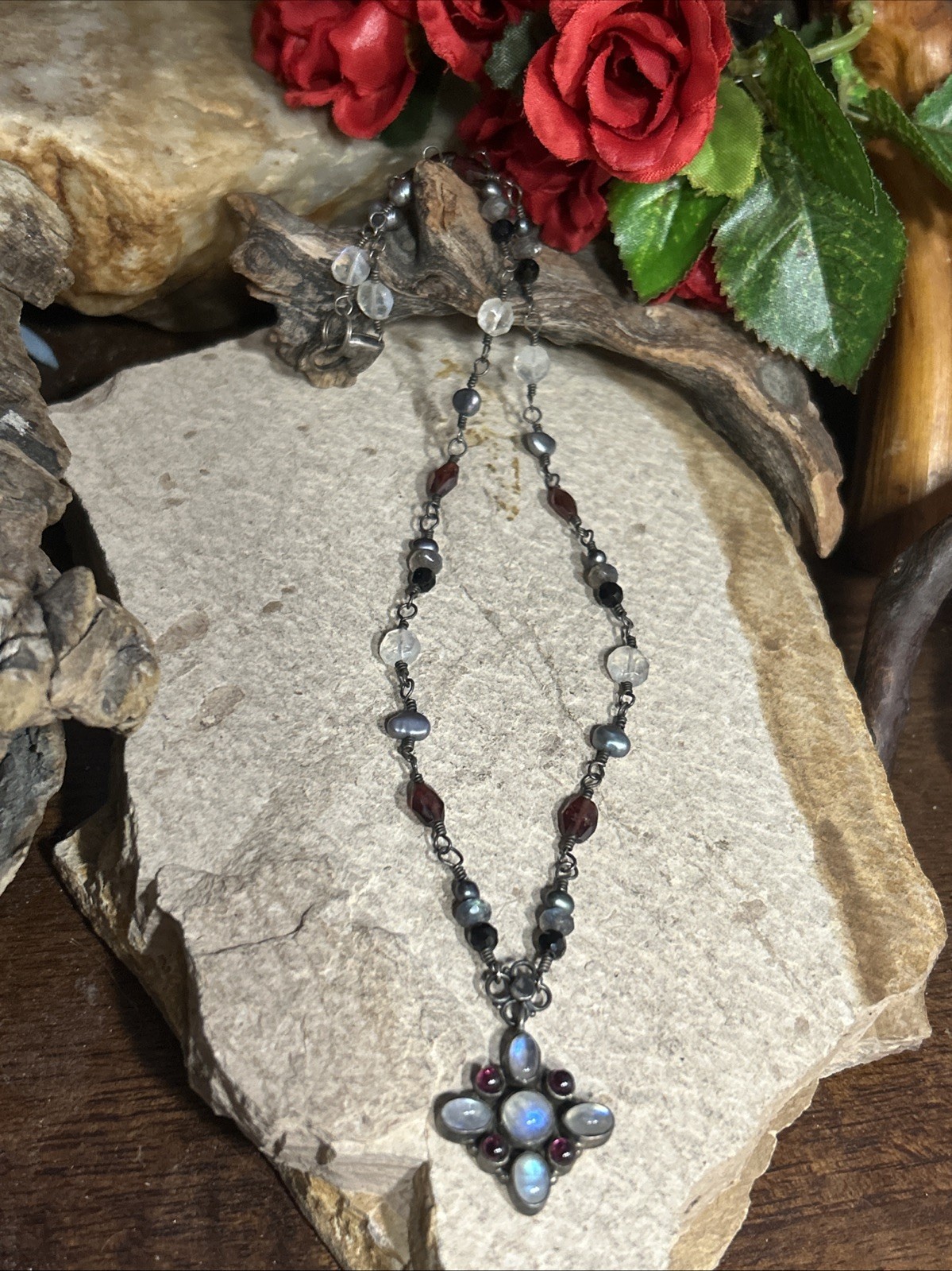 34. Vintage 925 Sterling Wire Wrapped Multi Gemstone Link Cross Necklace 16″