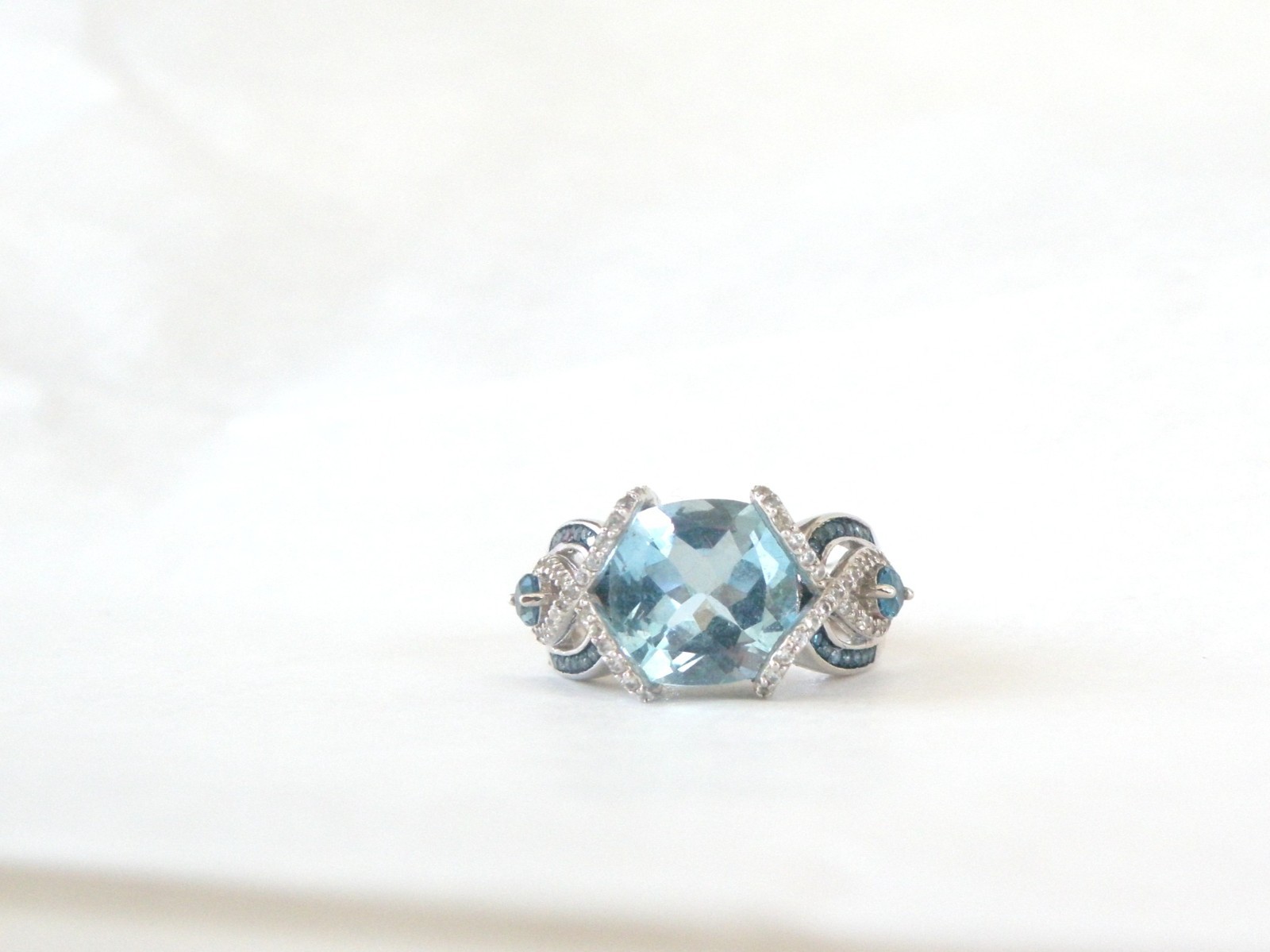 Vintage Style Sterling Silver 925 Natural Heated Blue Topaz Diamond Ring Size 6
