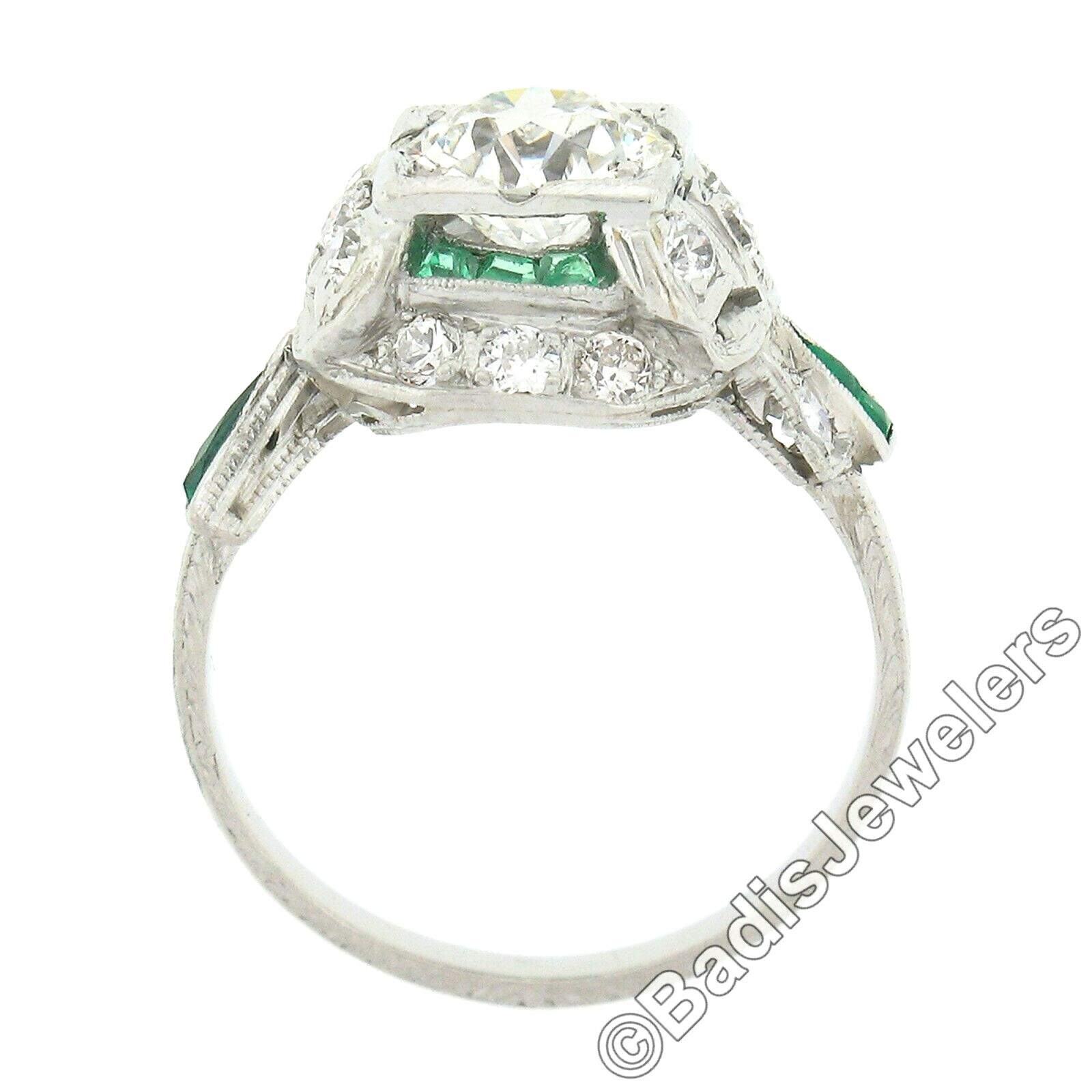 Antique Art Deco Platinum Old European Diamond & Emerald Ribbon Engagement Ring