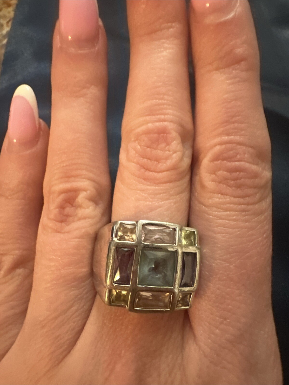 DESIGNER FAS STERLING SILVER PASTEL MULTI COLOR TOPAZ SQUARE CUT RING