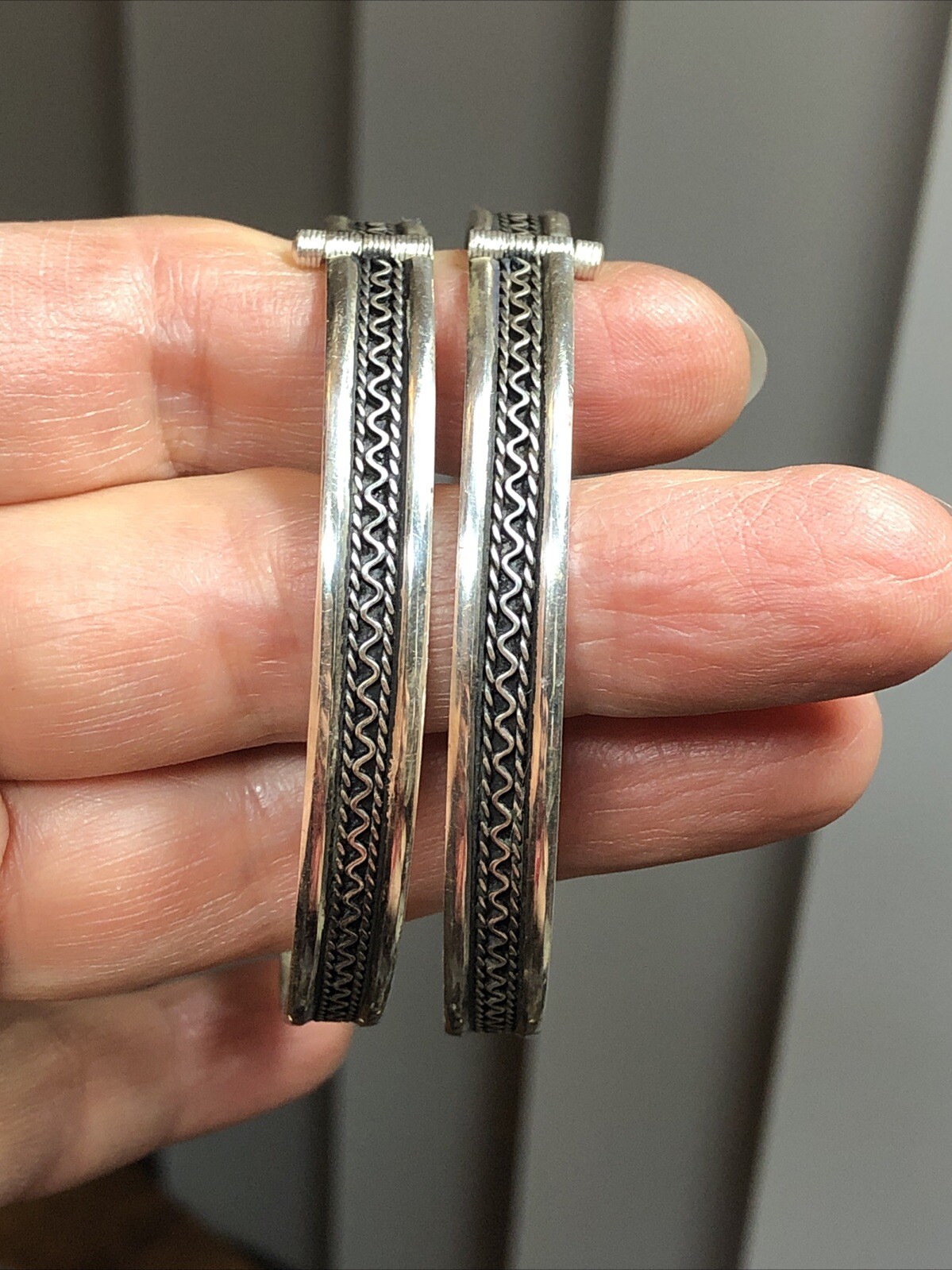 20. Vintage 925 Sterling Patterned Stick Pin Lock Bangle TWO Bracelets 7″-7 1 4″