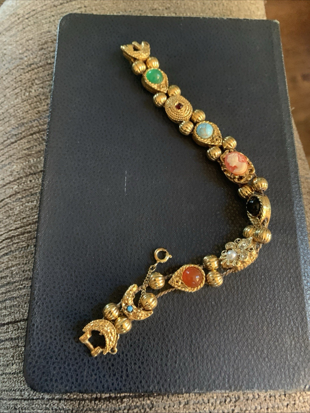 Vintage Victorian charm slide bracelet Gold Tone Faux Gemstones Free Ship