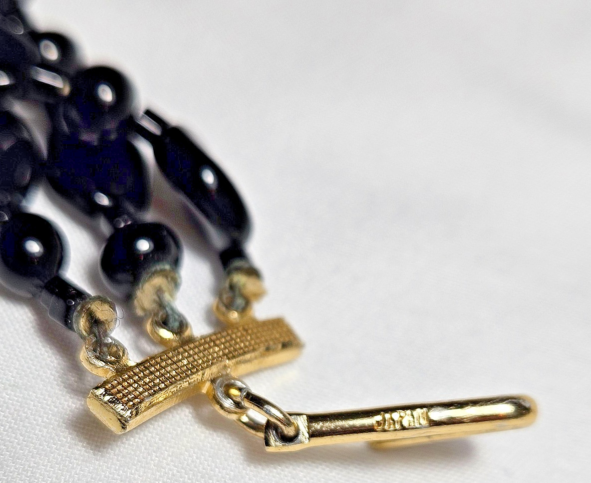 Japan Retro Vintage Necklace Black 3 Strand Glass Beads Metal Hook Clasp